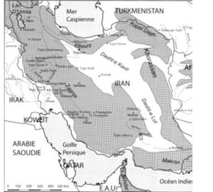 Carte de l’Iran indicant les deux déserts de Lut et Kavir