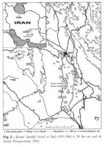 Carte de l’Iran indicant les deux tumuli au milieu de la plaine à Jiroft: Konar Sandal Sud et Konar Sandal Nord