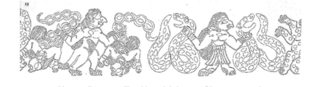 Illustration à Jirof au Sud de Kerman Homme-lion avec collier et bracelets terrasse 2 hommes-scorpions Un autre homme-lion étrangle deux serpents