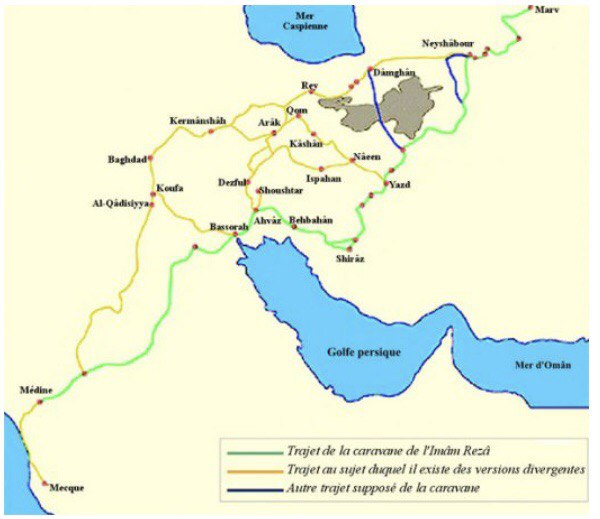 Carte de trajet de l’Imam Rezâ en 816 en passant par Bassorah, Ahvaz puis par Neyshâbur avant d’atteindre Merv